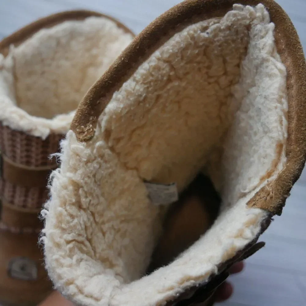 Bearpaw BOSHIE Youth Size 4 Tan Suede Wool Blend Sherpa Lined Mid Calf Boots